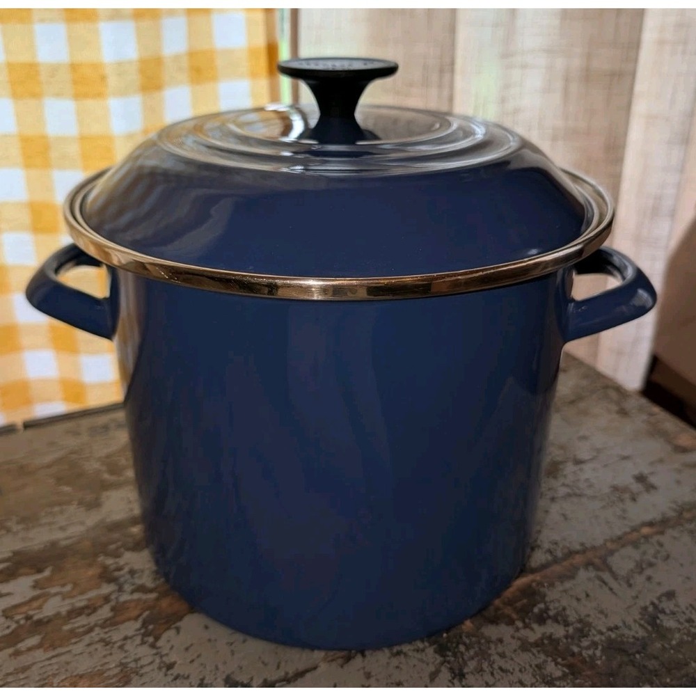 Vintage Le Creuset 12 Qt Enameled Steel Large Stock pot Marseille Blue With Lid